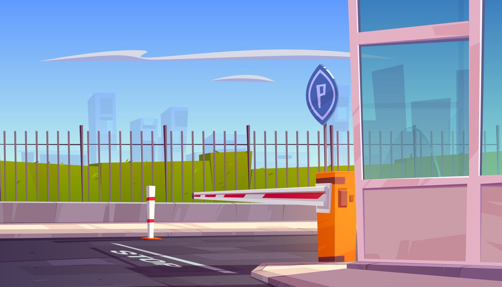Parking security entrance with automatic car barrier, guardian booth, stop line and road sign. City guard system for automobile park, closed private area access with fence, Cartoon vector illustration